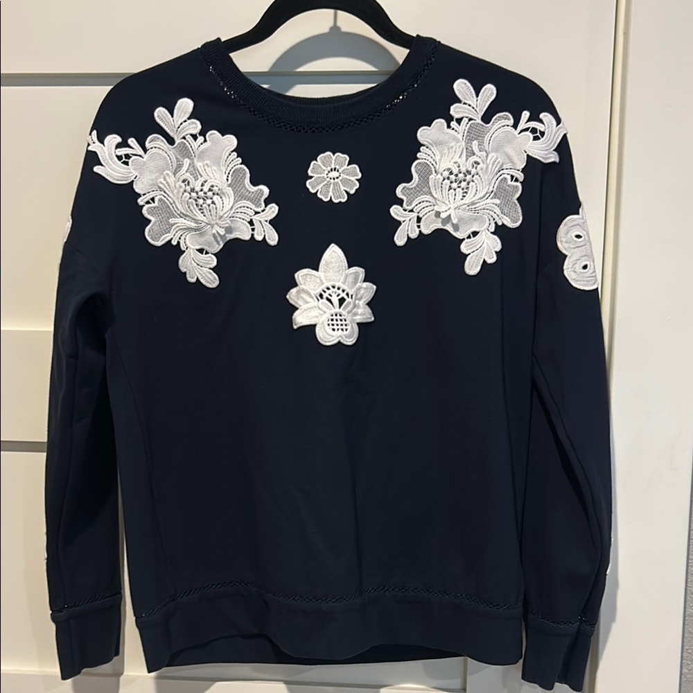 Navy Sweatshirt with White Floral Appliqué